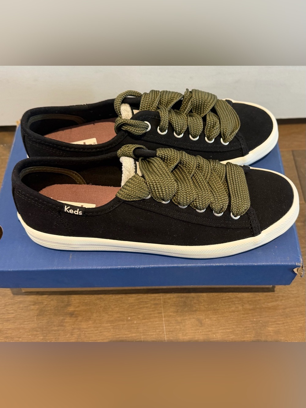 Keds Black Canvas Low-Top Sneakers with Olive Green Laces